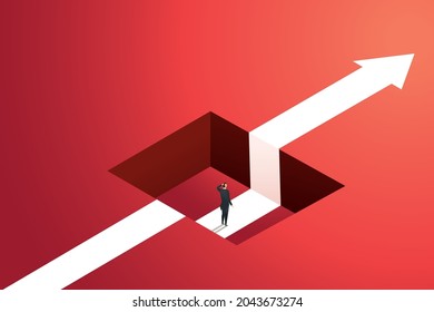 Businessman In A Hole On The Way To Goal. Crisis Concept, Obstacle, Business Path Failure. Isometric Vector Illustration.