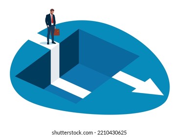 Businessman In A Hole On The Way To Goal. Crisis, Obstacle, Business Path Failure. Flat Vector Illustration.