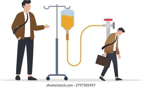 Businessman hooked to an IV drip that is draining energy from an exhausted worker.