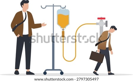 Businessman hooked to an IV drip that is draining energy from an exhausted worker.