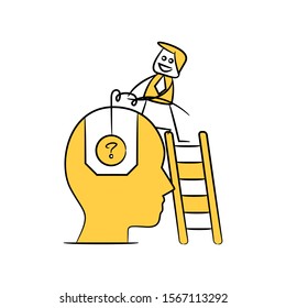 businessman hooking question mark from human  brain yellow stick figure