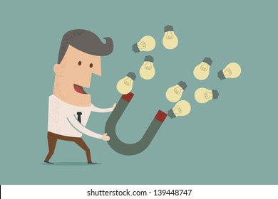 businessman with horseshoe magnet collecting  light bulb , eps10 vector format