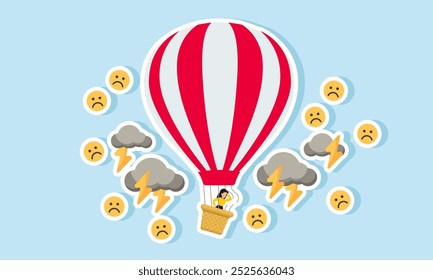 Un hombre de negocios está en un globo aerostático con una cuerda rota, atrapado en una tormenta de emoticonos tristes, ilustración de muchos competidores que no les gusta el rendimiento de nuestra empresa.