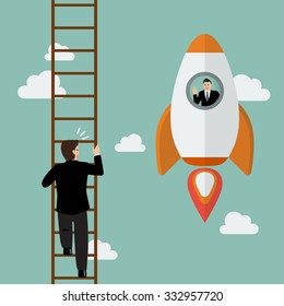 Businessman in hot air balloon fly pass businessman climbing the ladder. Business competition concept