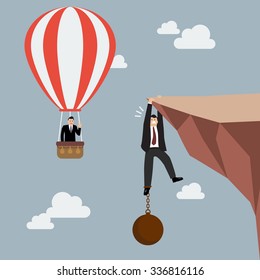 Businessman in hot air balloon fly pass businessman hold on the cliff with burden. Business concept