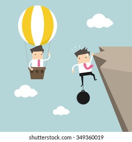 Businessman in hot air balloon fly pass businessman hold on the cliff with burden vector