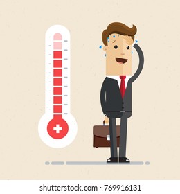 Businessman  and hot thermometer. Concept of hot time. Vector flat illustration