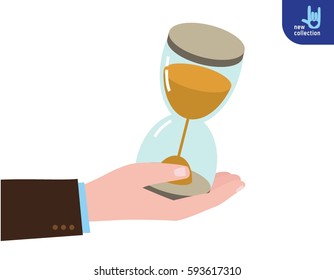 Businessman with hourglass in hand. Close up.
Concept of deadline and limit. patience.
Time management.
Vector flat cartoon design illustration.
Isolated on white background.