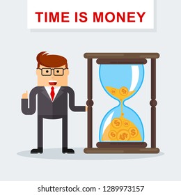 Businessman with hourglass. Time management. Time is money. Managing time resources, doing things right on time.