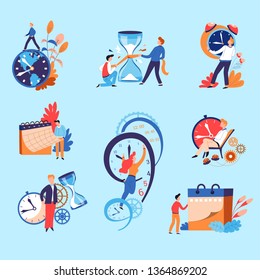 Businessman and hourglass or timer and calendar or organizer time management concepts vector deadline and meeting appointment paperwork and business affairs delay alarm clock men and women work.