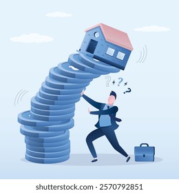 Businessman house owner or real estate agent under falling house and coins, real estate investing. Economic recession concept. Property and housing market collapse, real estate stock risk. flat vector