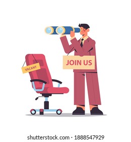 businessman hr manager with binoculars join us vacancy open recruitment and hiring concept full length vector illustration