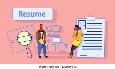 businessman hr manager meeting interviewing male job applicant leaning on resume recruitment and human resources concept sketch flow style horizontal
