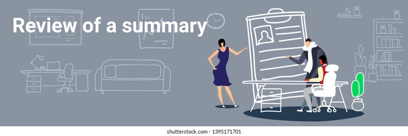 businessman hr manager meeting interviewing male female job applicants review of summary concept business man sitting workplace studying application form sketch doodle horizontal banner