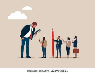 Businessman or HR use magnifying glass to choose job interview people. Searching the best candidate or job. Modern vector illustration in flat style. 