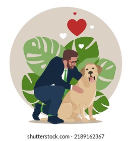 Un hombre de negocios abraza al perro. Joven abrazando a Labrador con amor, amistad relajante y cómoda amistad de hombre y mascota, ilustración vectorial