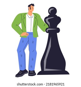 Businessman with huge chess piece for business strategy and or financial analytics topic, flat vector illustration isolated on white. Market and business development strategy.