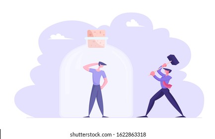 Businessman with Huge Hammer Trying to Hit Glass Jar with Sad Man Sitting Inside. Male Character Trapped in Closed Bottle. Escape from Jail, Searching Solution, Help. Cartoon Flat Vector Illustration