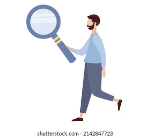 Businessman with huge magnifier. Explore and analytics, research and information search. Vector flat illustration
