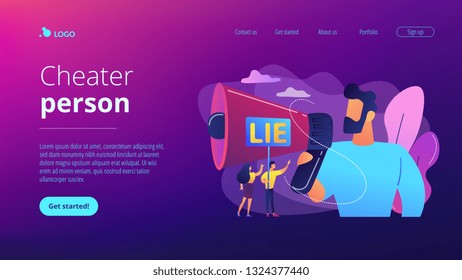 Businessman with huge megaphone cheating and tiny people holding word lie. Cheating in competition, cheater person, game cheats use concept. Website vibrant violet landing web page template.