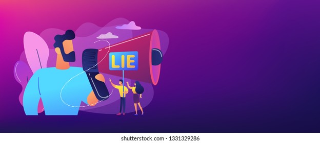 Businessman with huge megaphone cheating and tiny people holding word lie. Cheating in competition, cheater person, game cheats use concept. Header or footer banner template with copy space.