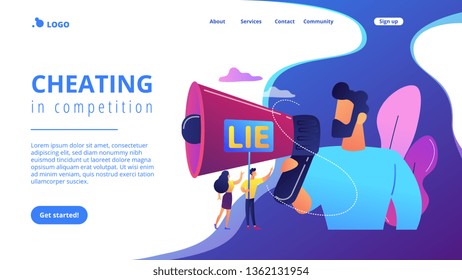Businessman with huge megaphone cheating and tiny people holding word lie. Cheating in competition, cheater person, game cheats use concept. Website vibrant violet landing web page template.