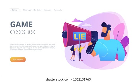 Businessman with huge megaphone cheating and tiny people holding word lie. Cheating in competition, cheater person, game cheats use concept. Website vibrant violet landing web page template.