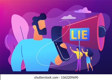 Businessman With Huge Megaphone Cheating And Tiny People Holding Word Lie. Cheating In Competition, Cheater Person, Game Cheats Use Concept. Bright Vibrant Violet Vector Isolated Illustration