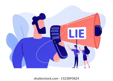 Businessman with huge megaphone cheating and tiny people holding word lie. Cheating in competition, cheater person, game cheats use concept. Pinkish coral bluevector isolated illustration