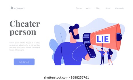 Businessman with huge megaphone cheating and tiny people holding word lie. Cheating in competition, cheater person, game cheats use concept. Website vibrant violet landing web page template.