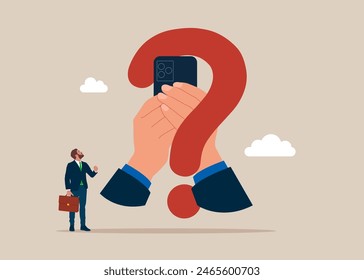 Businessman with huge question mark look through smartphone to search for new business idea. Flat modern vector illustration