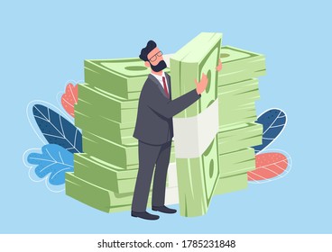 Businessman hugging big cash pack flat concept vector illustration. Rich man standing and holding stacks of money 2D cartoon character for web design. Raising finance creative idea