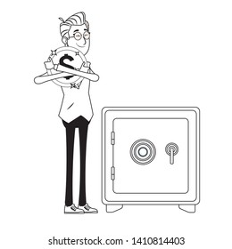 businessman hugging a big coin next to a safe box black and white vector illustration graphic design