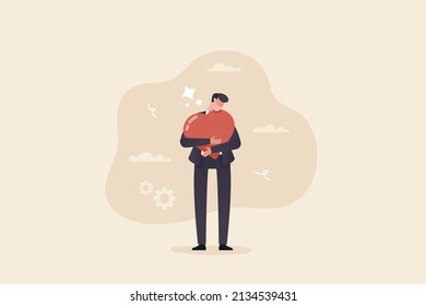 Businessman Hugging Heart Shape. Work passion, motivation to success and win business competition, mindset or attitude to work in we love to do concept.