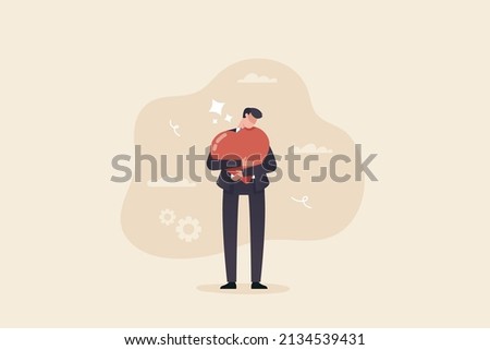 Businessman Hugging Heart Shape. Work passion, motivation to success and win business competition, mindset or attitude to work in we love to do concept.