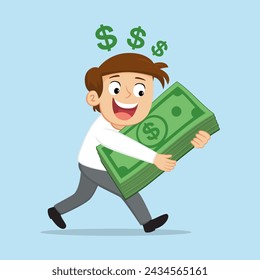 Businessman hugging money. Flat, Poster, Vector, Illustration, Cartoon, EPS10. 