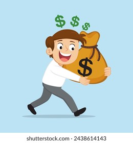 Businessman hugging money sack. Flat, Poster, Vector, Illustration, Cartoon, EPS10.