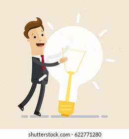 Businessman hugs a big lightbulb. Big good idea. Concept of business success.  Vector, illustration, flat