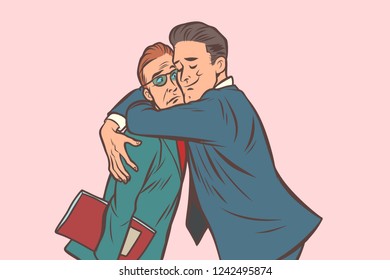 Businessman hugs. A man embracing another. Support and care. Comic cartoon pop art retro vector illustration drawing