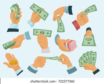 Businessman human hands hold paper money backs vector illustration