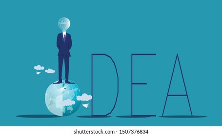 Businessman Human head Light bulb stand on world Text idea - Creativity modern Idea and Concept illustration Flat vector.
