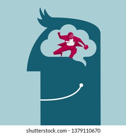 Businessman hurdles running. Isolated on blue background.