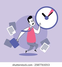 Businessman hurriedly running while holding briefcase, surrounded by scattered documents and large clock emphasizing urgency. Stress of busy workday concept