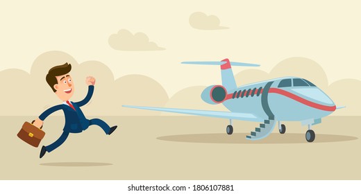 Businessman is in a hurry to catch the plane. Private business jet for vip person. Man running to airplane. Vector illustration, flat design, cartoon style.