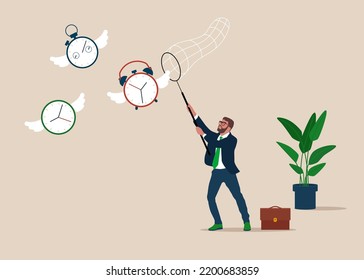 Businessman hurry chasing to catch flying away alarm clock and stop watch. Lack of time, countdown for work project deadline. Vector illustration.