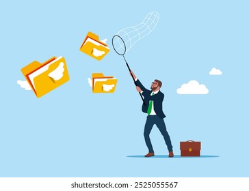 Businessman hurry chasing to catch flying away files folder. Modern vector illustration in flat style