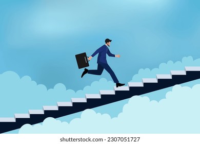 Businessman in hurry. Man running fast up stairs to reach his goals.
