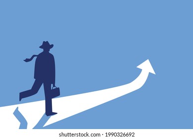 Businessman hurry on growth way. Arrow to up. Increase profit sales, marketing and investment. Worker in a rush to financial success.  Simple drawing sketch flat vector illustration