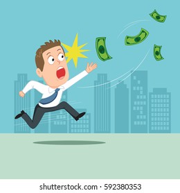 Businessman Hurry Up Running Follow Money Flying Away, Vector Illustration Cartoon