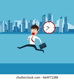 Businessman hurry running going to work. Late time. Cartoon vector Illustration